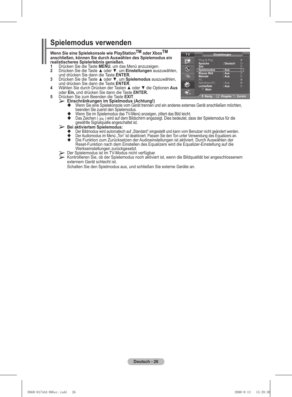 Spielemodus verwenden | Samsung PS42A411C2 User Manual | Page 121 / 568