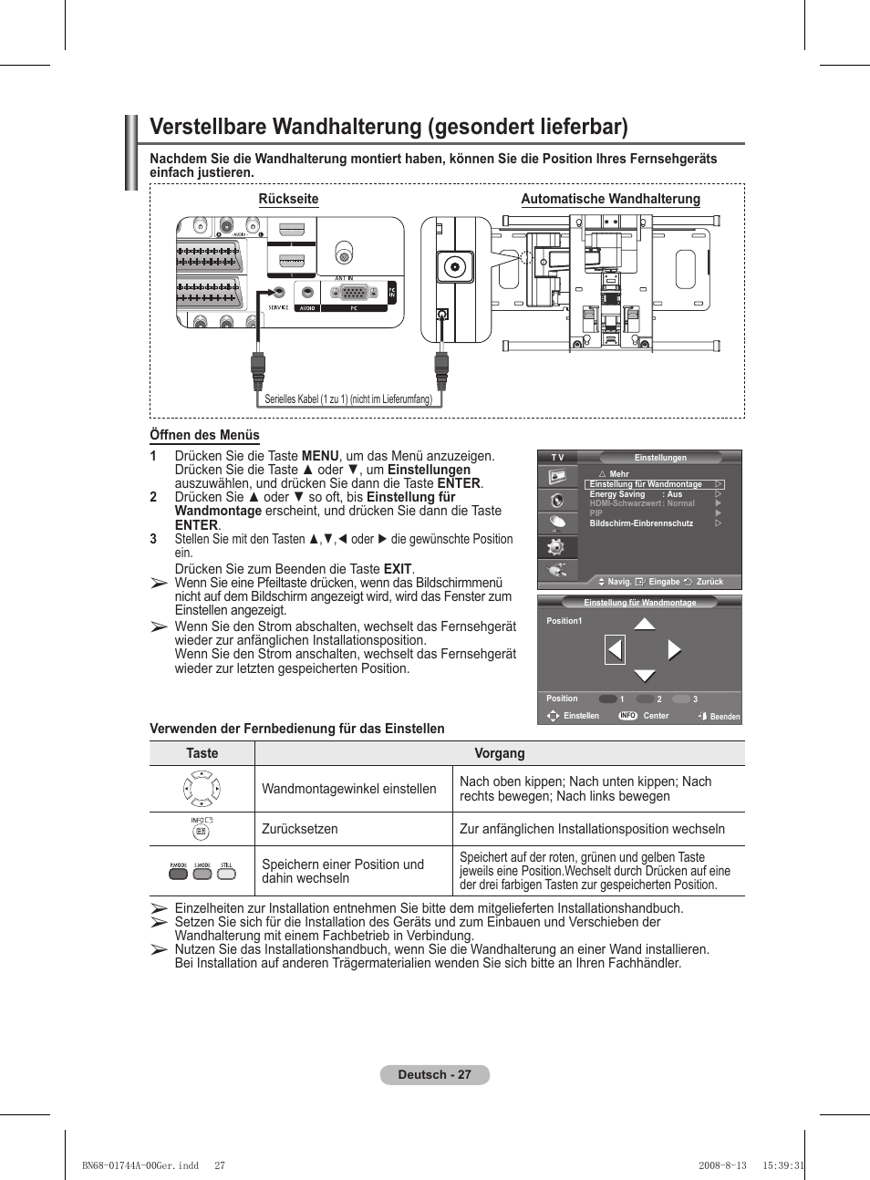 Verstellbare wandhalterung (gesondert lieferbar) | Samsung PS42A411C2 User Manual | Page 122 / 568