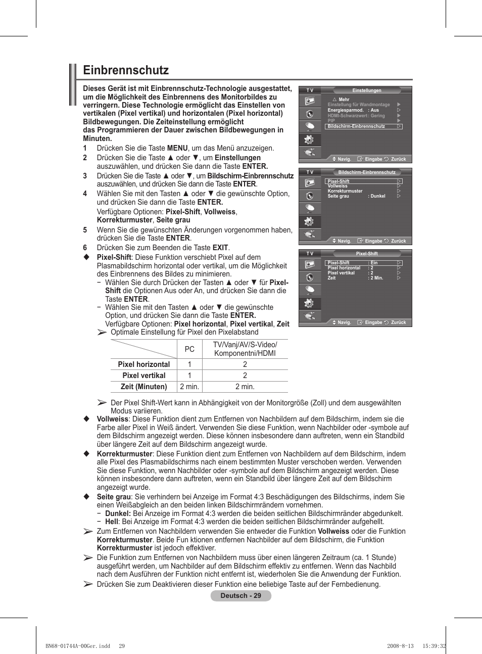 Einbrennschutz | Samsung PS42A411C2 User Manual | Page 124 / 568