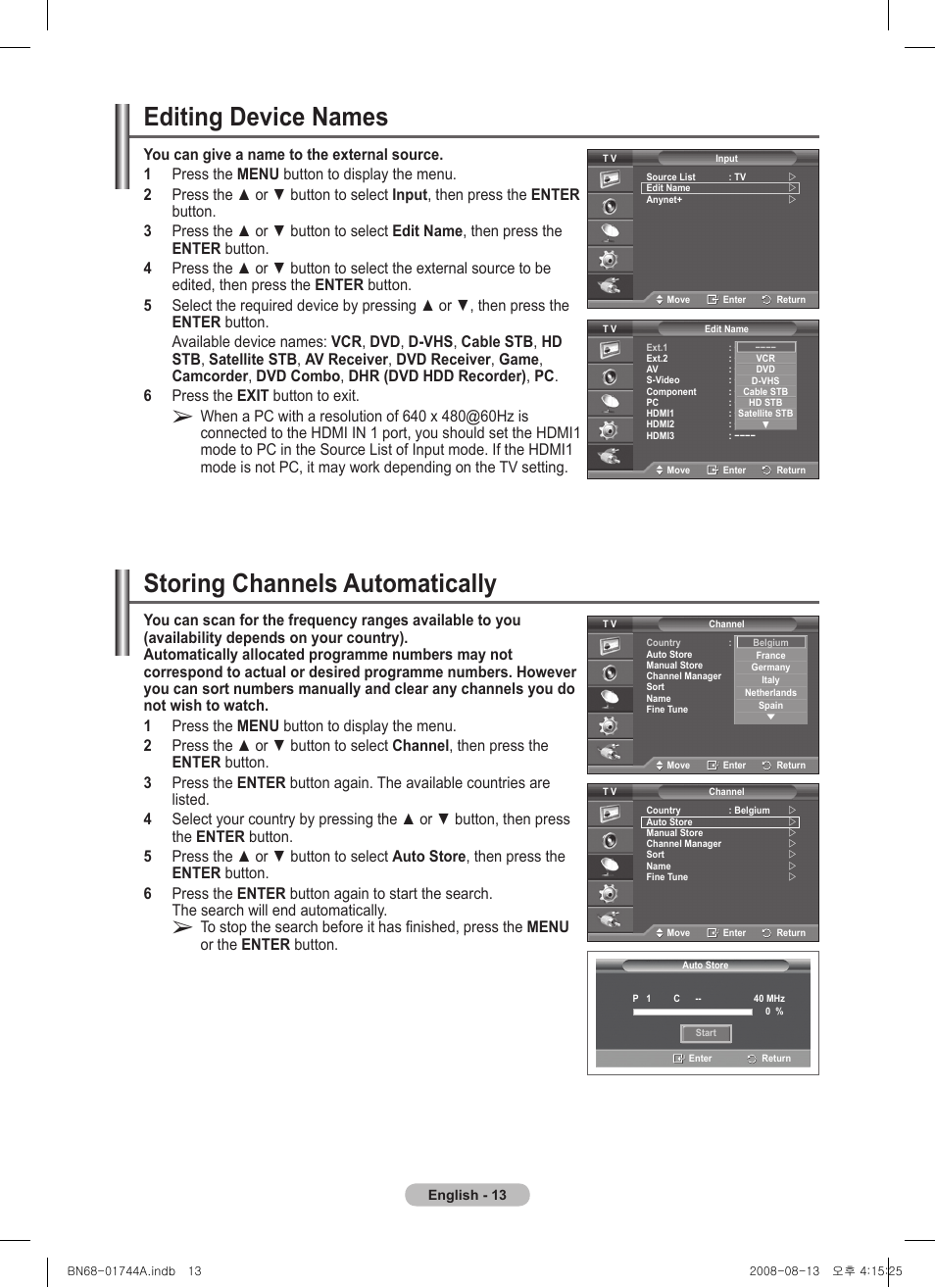 Editing device names, Storing channels automatically | Samsung PS42A411C2 User Manual | Page 13 / 568