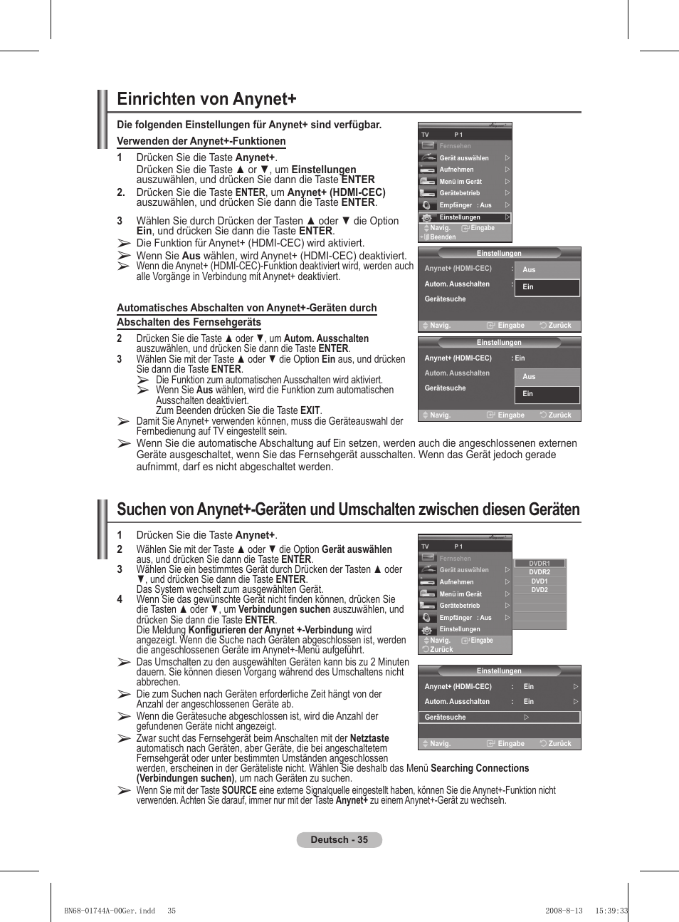 Einrichten von anynet | Samsung PS42A411C2 User Manual | Page 130 / 568