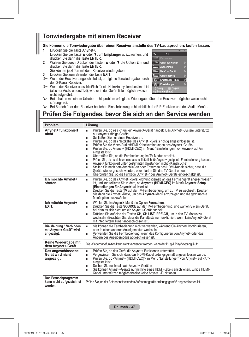 Tonwiedergabe mit einem receiver | Samsung PS42A411C2 User Manual | Page 132 / 568