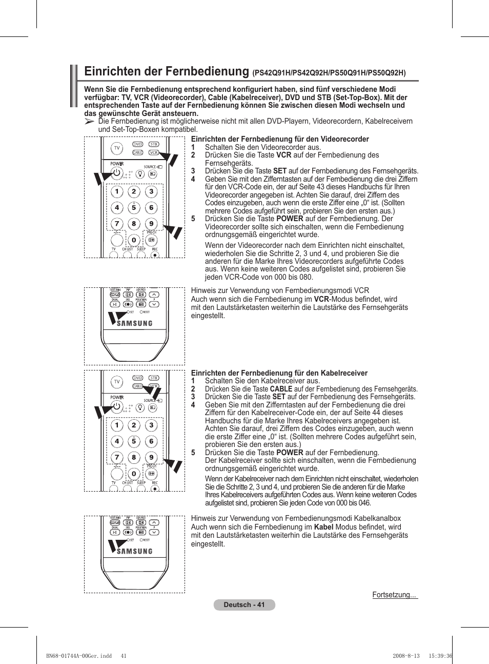 Einrichten der fernbedienung | Samsung PS42A411C2 User Manual | Page 136 / 568