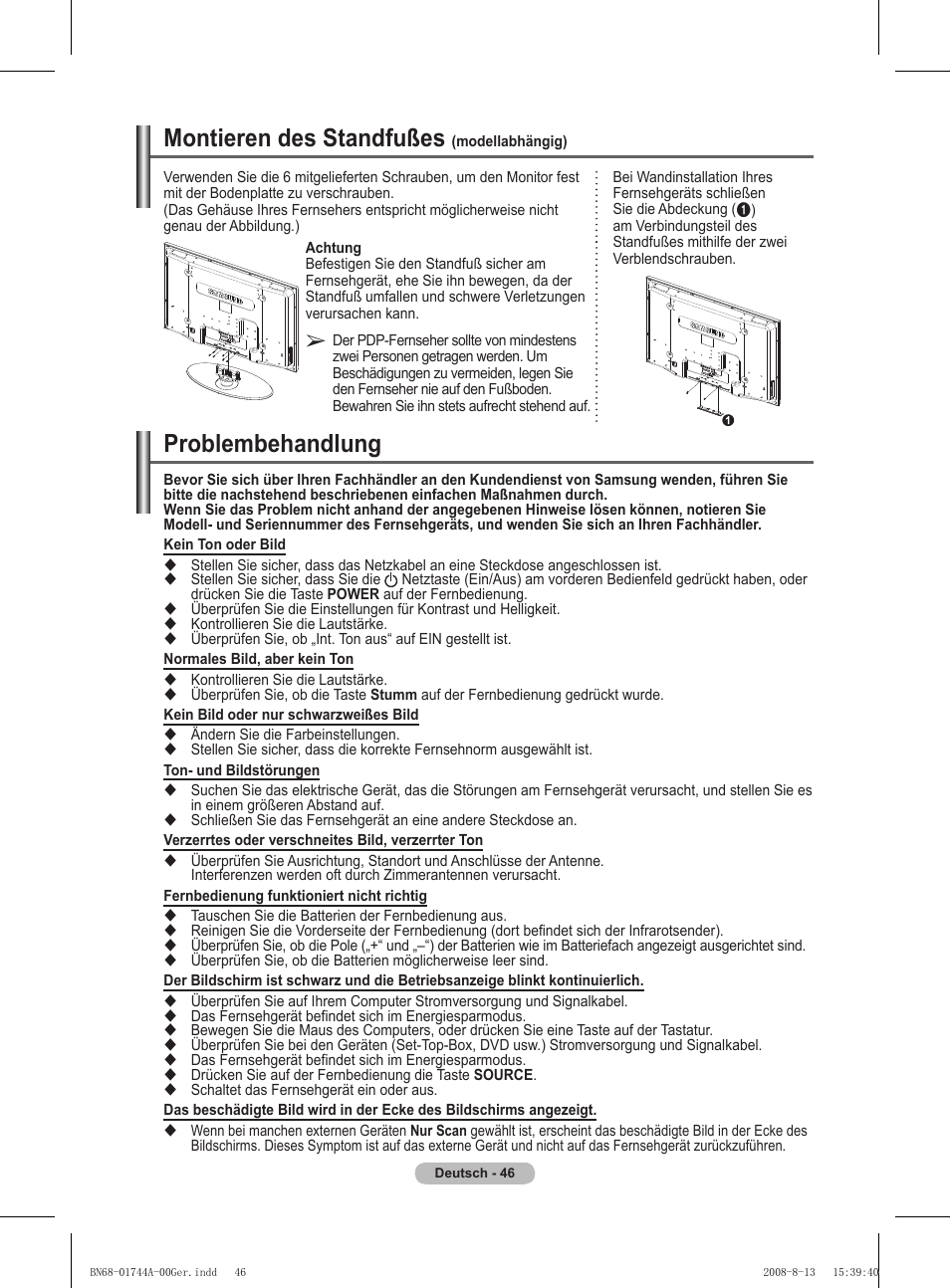 Problembehandlung, Montieren des standfußes | Samsung PS42A411C2 User Manual | Page 141 / 568