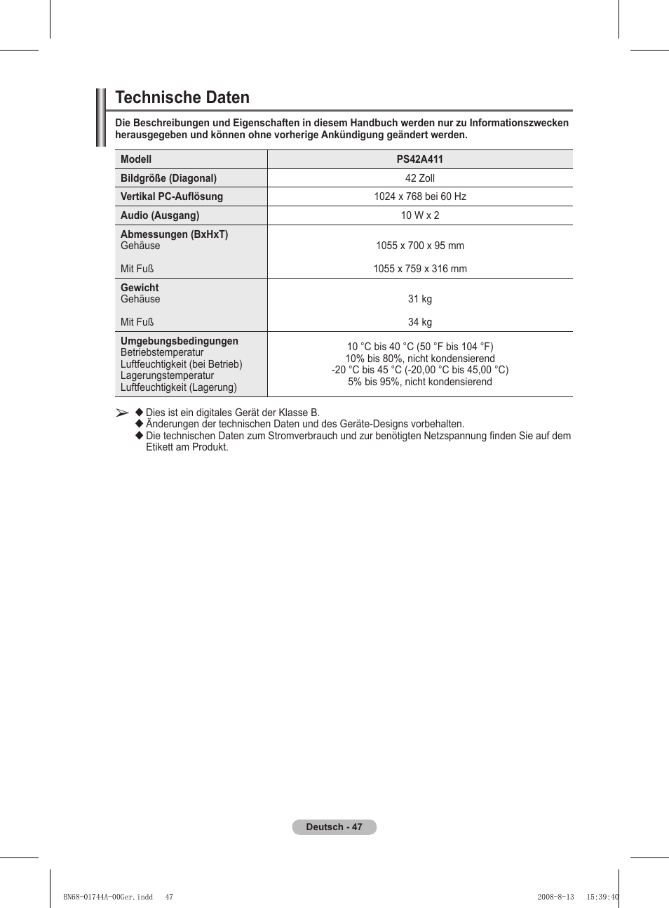 Technische daten | Samsung PS42A411C2 User Manual | Page 142 / 568