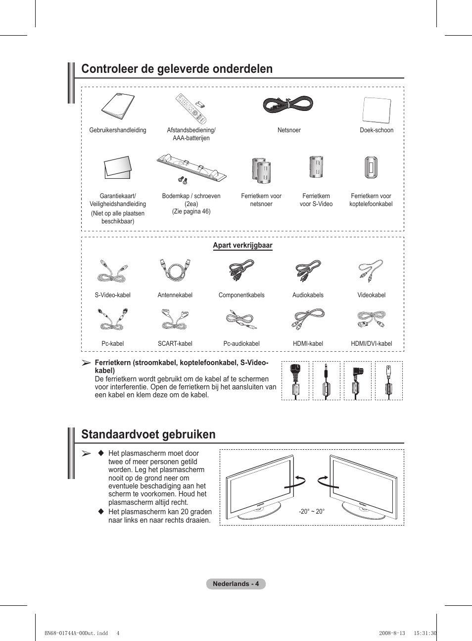 Controleer de geleverde onderdelen, Standaardvoet gebruiken | Samsung PS42A411C2 User Manual | Page 146 / 568