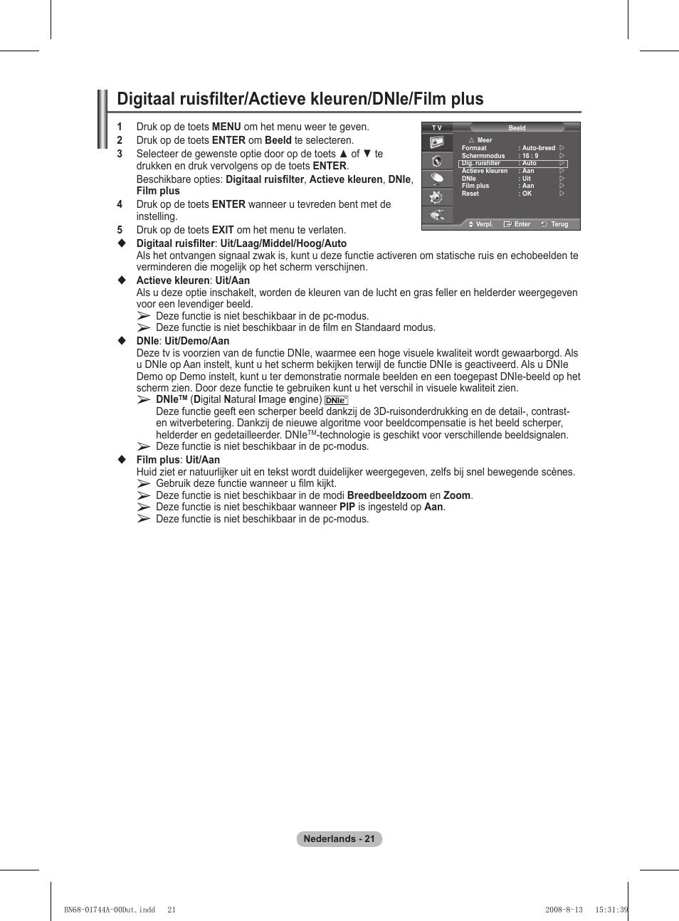 Digitaal ruisfilter/actieve kleuren/dnie/film plus | Samsung PS42A411C2 User Manual | Page 163 / 568