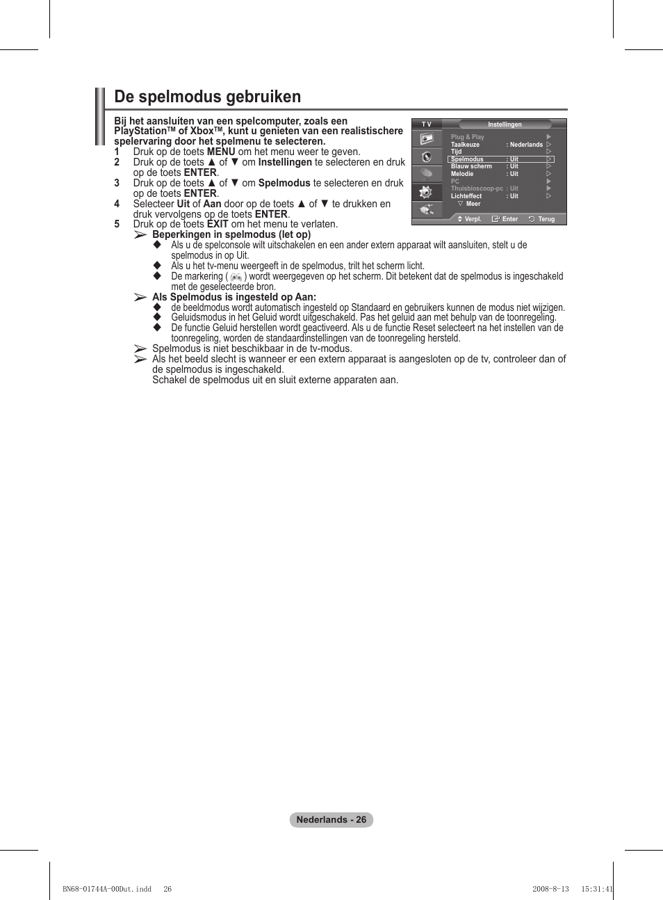 De spelmodus gebruiken | Samsung PS42A411C2 User Manual | Page 168 / 568