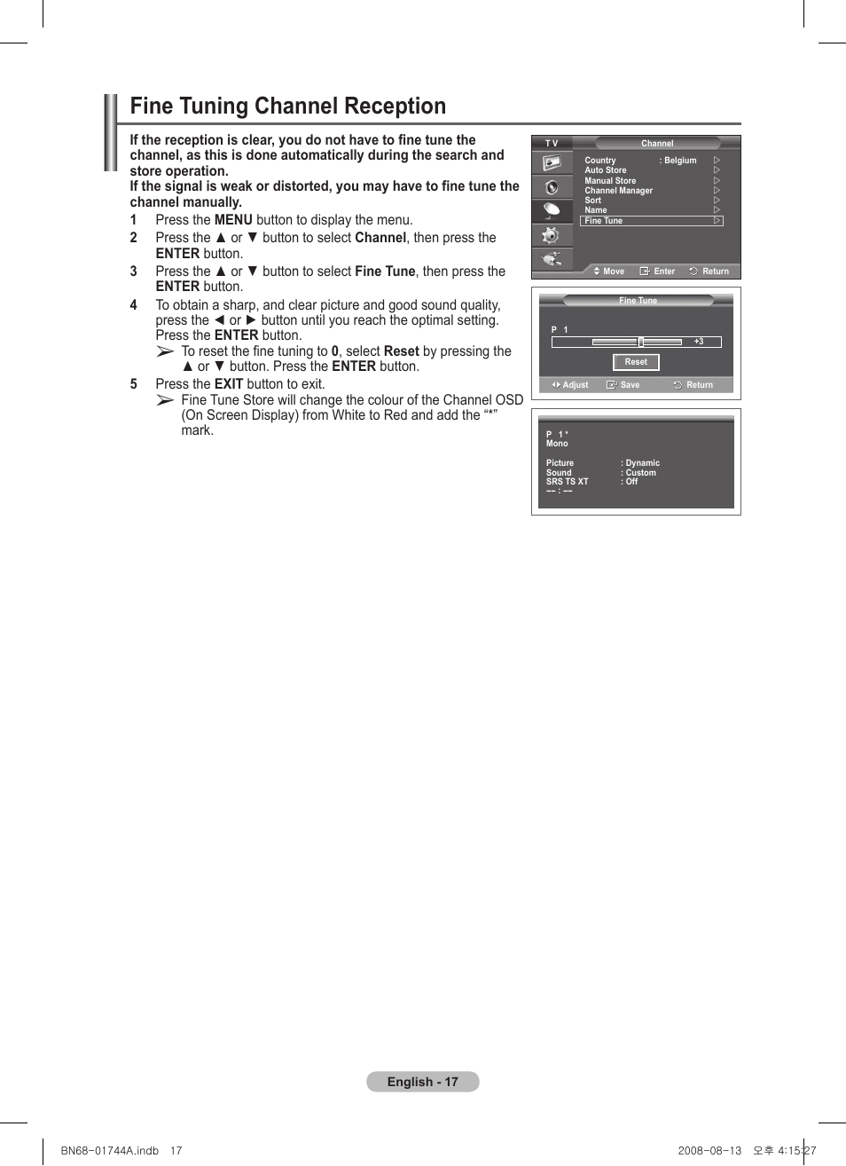 Fine tuning channel reception | Samsung PS42A411C2 User Manual | Page 17 / 568