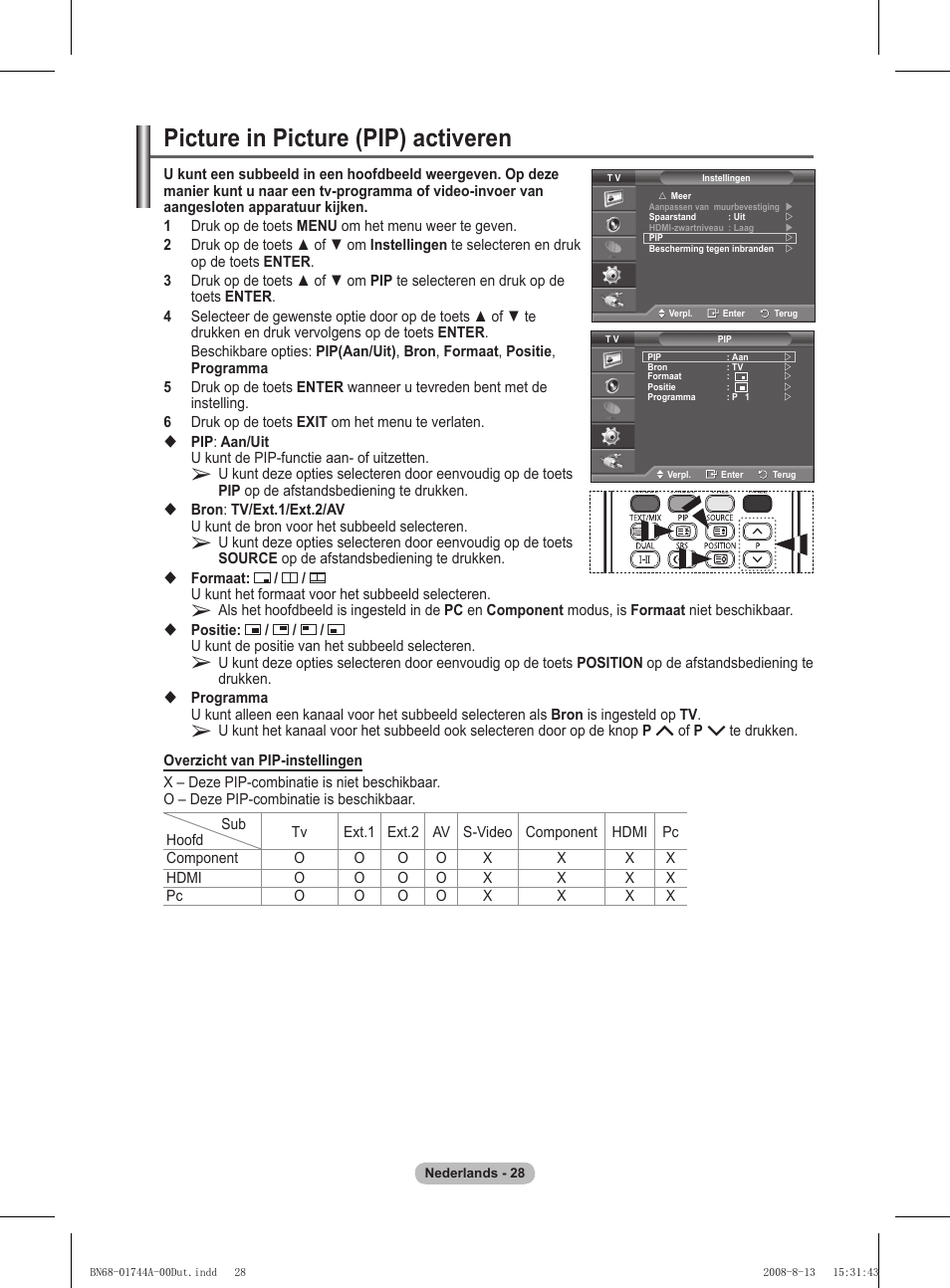 Picture in picture (pip) activeren | Samsung PS42A411C2 User Manual | Page 170 / 568