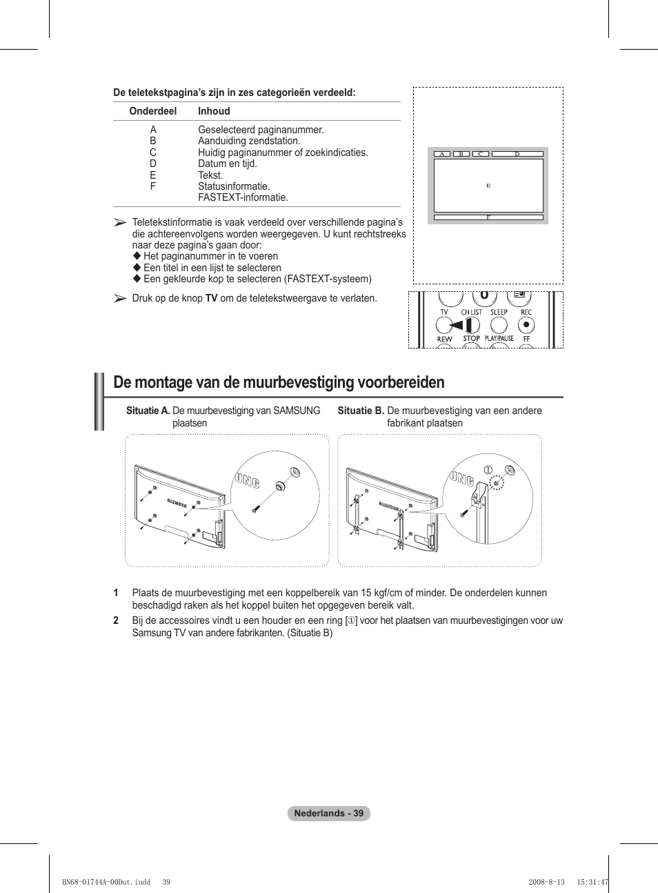 De montage van de muurbevestiging voorbereiden | Samsung PS42A411C2 User Manual | Page 181 / 568