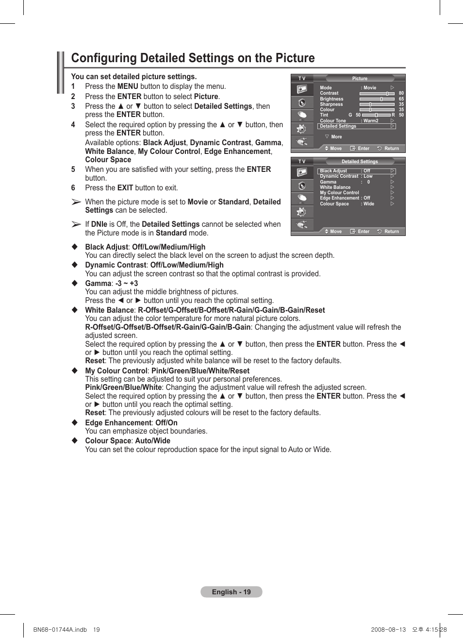 Configuring detailed settings on the picture | Samsung PS42A411C2 User Manual | Page 19 / 568