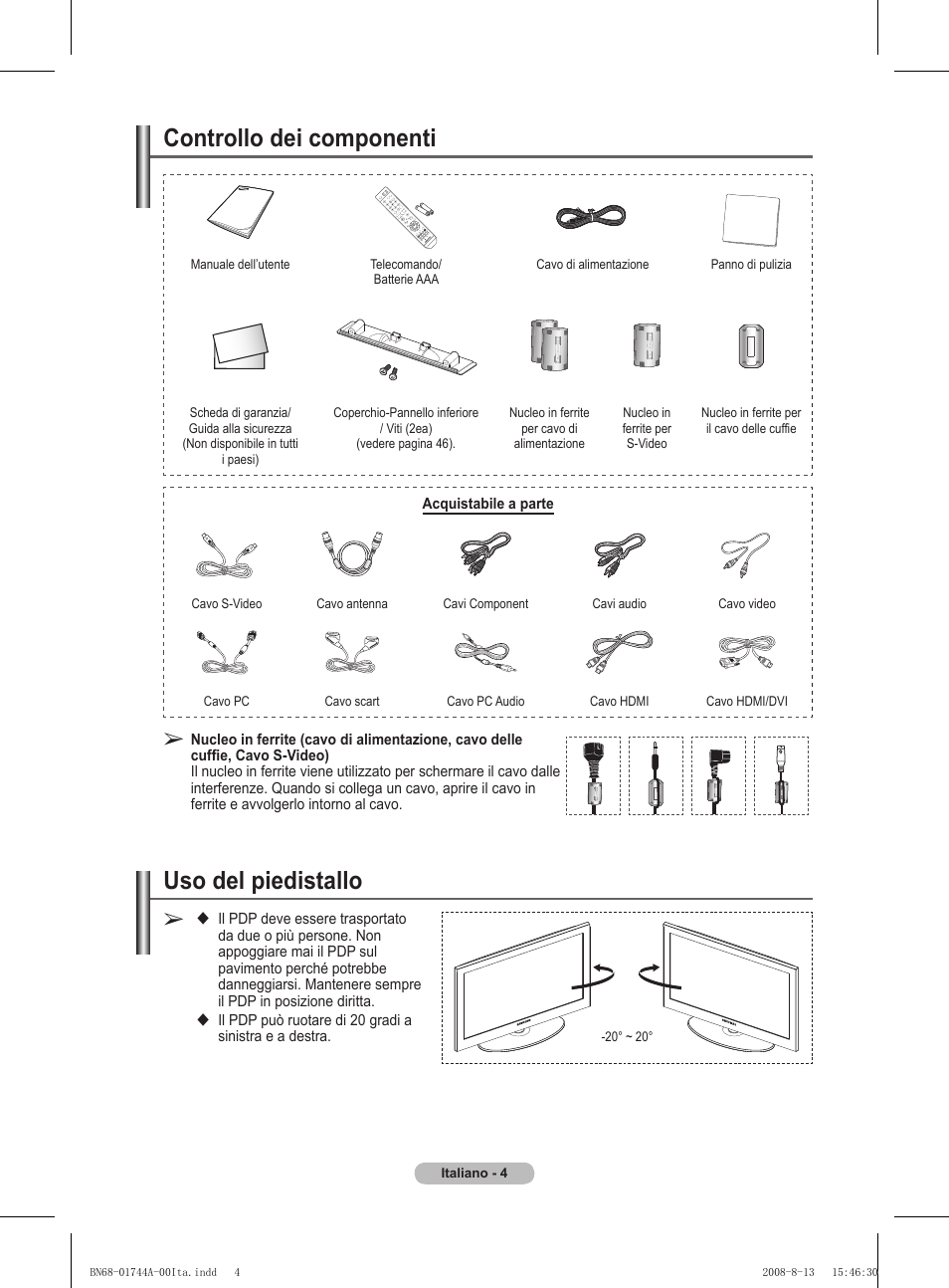 Controllo dei componenti, Uso del piedistallo | Samsung PS42A411C2 User Manual | Page 193 / 568