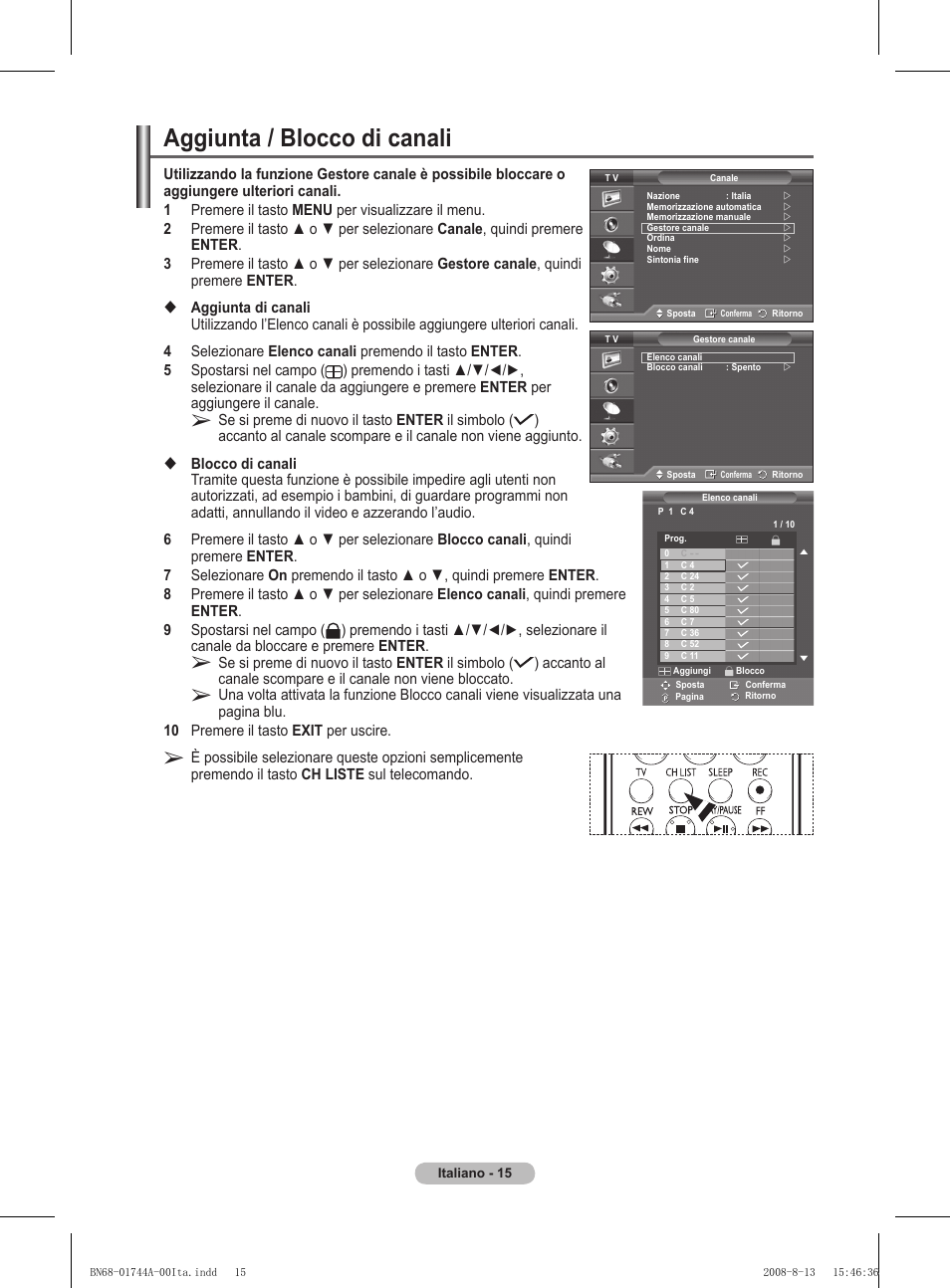 Aggiunta / blocco di canali | Samsung PS42A411C2 User Manual | Page 204 / 568