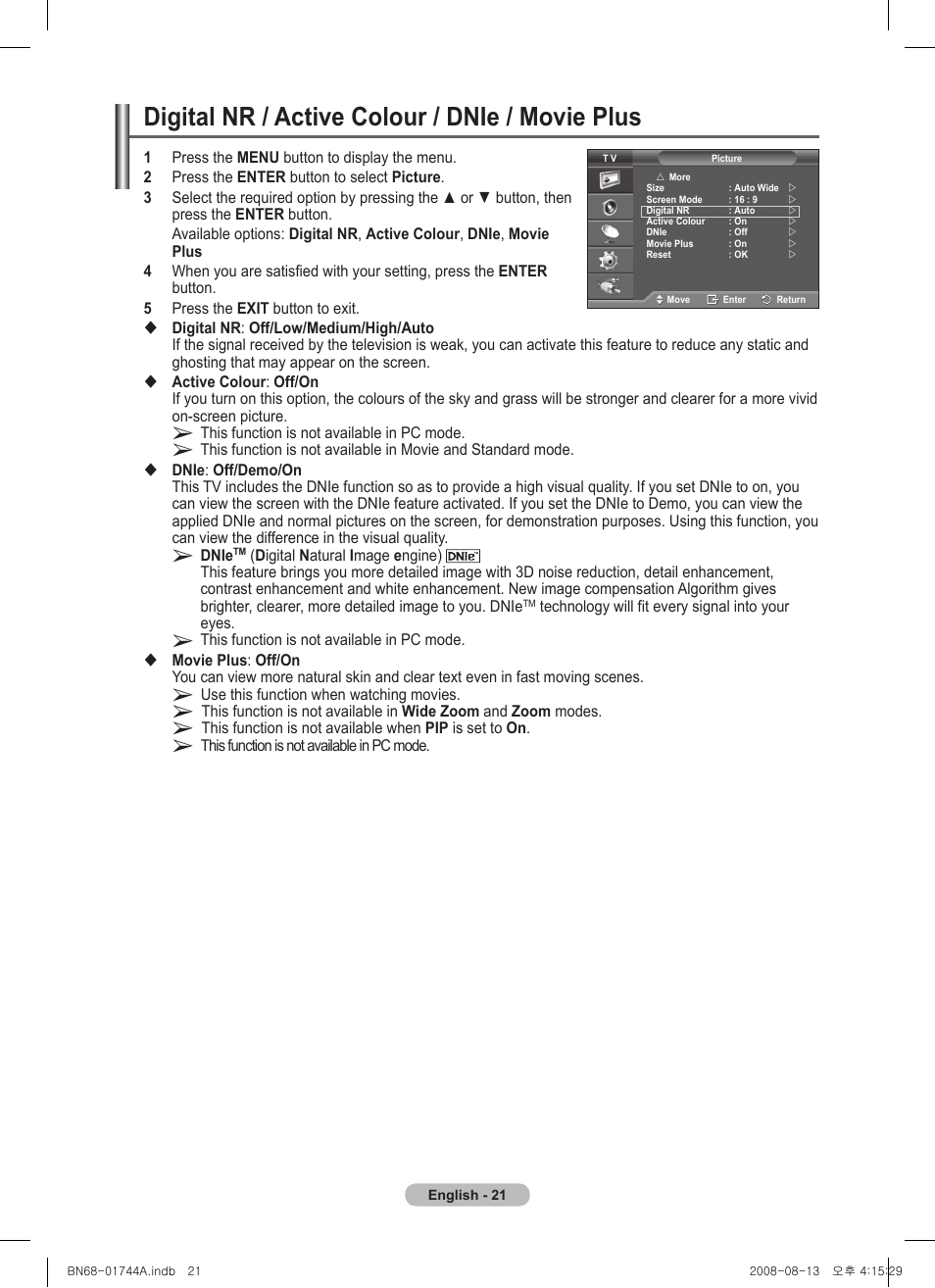 Digital nr / active colour / dnie / movie plus | Samsung PS42A411C2 User Manual | Page 21 / 568