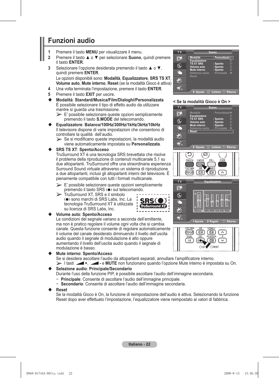 Funzioni audio | Samsung PS42A411C2 User Manual | Page 211 / 568