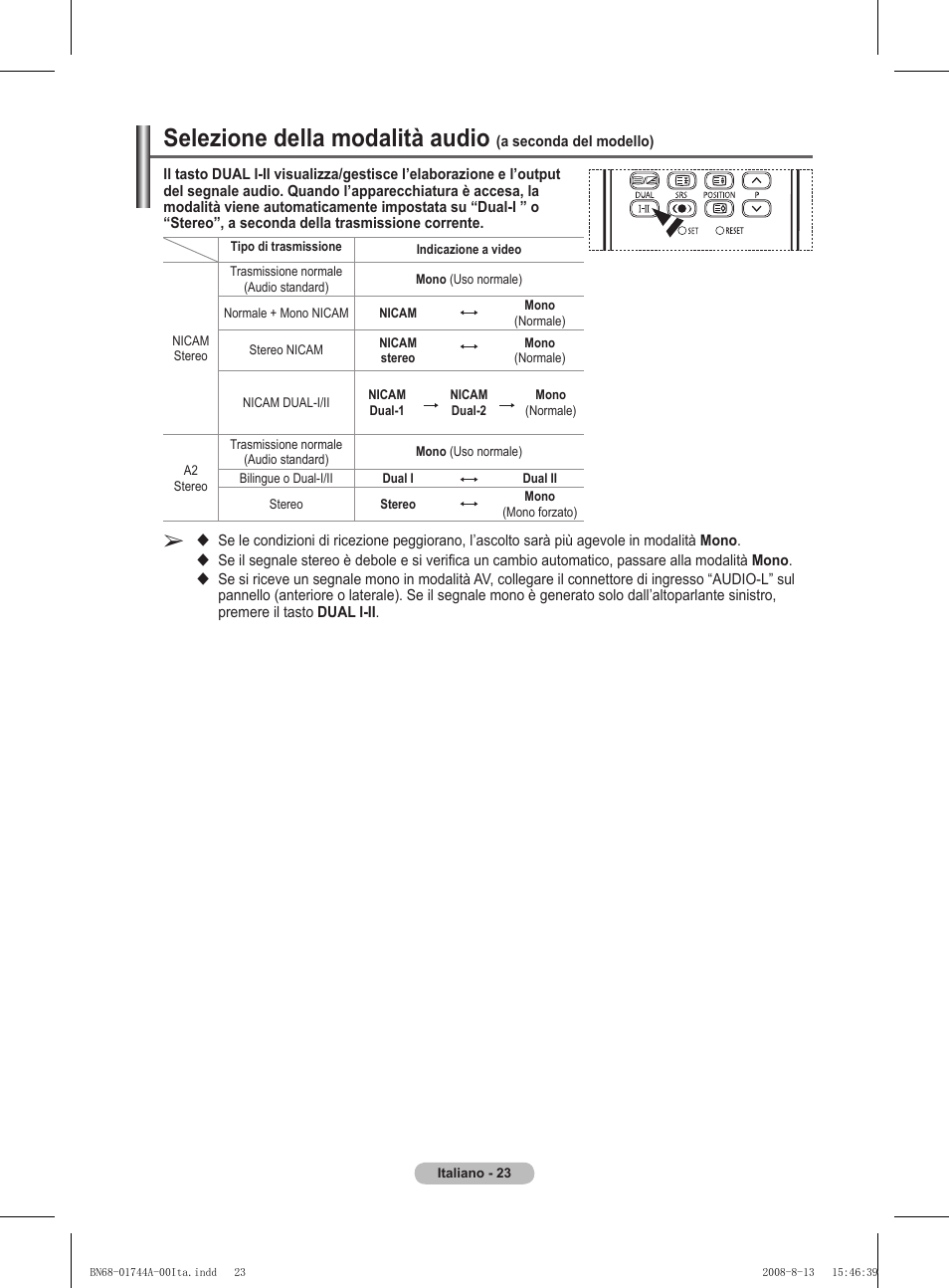 Selezione della modalità audio | Samsung PS42A411C2 User Manual | Page 212 / 568