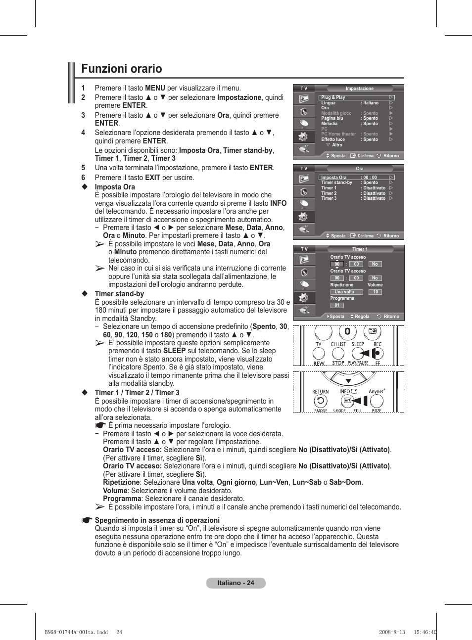 Funzioni orario | Samsung PS42A411C2 User Manual | Page 213 / 568