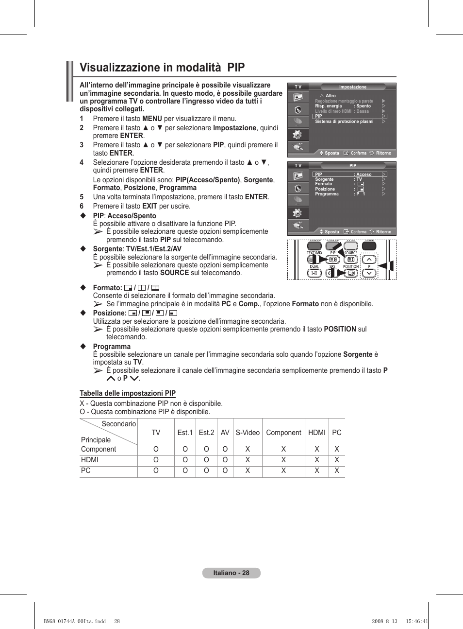 Visualizzazione in modalità pip | Samsung PS42A411C2 User Manual | Page 217 / 568