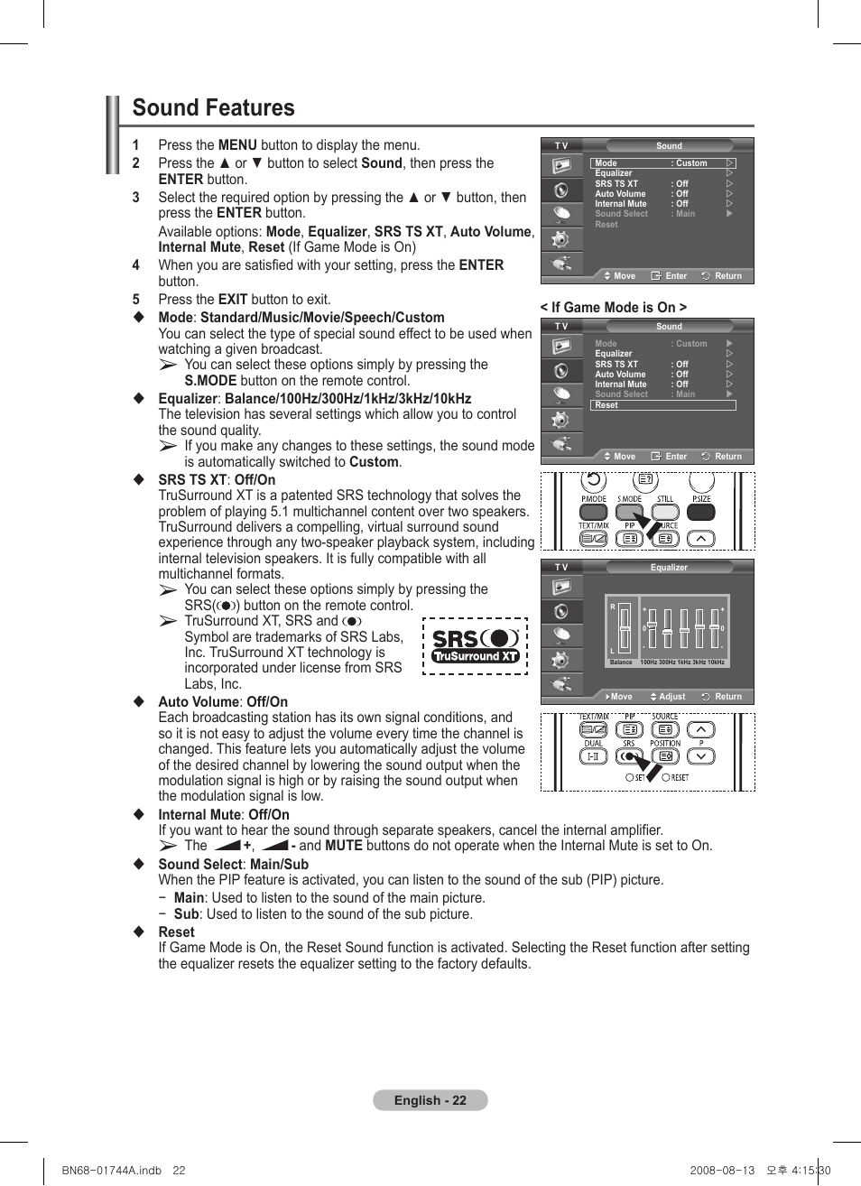 Sound features | Samsung PS42A411C2 User Manual | Page 22 / 568