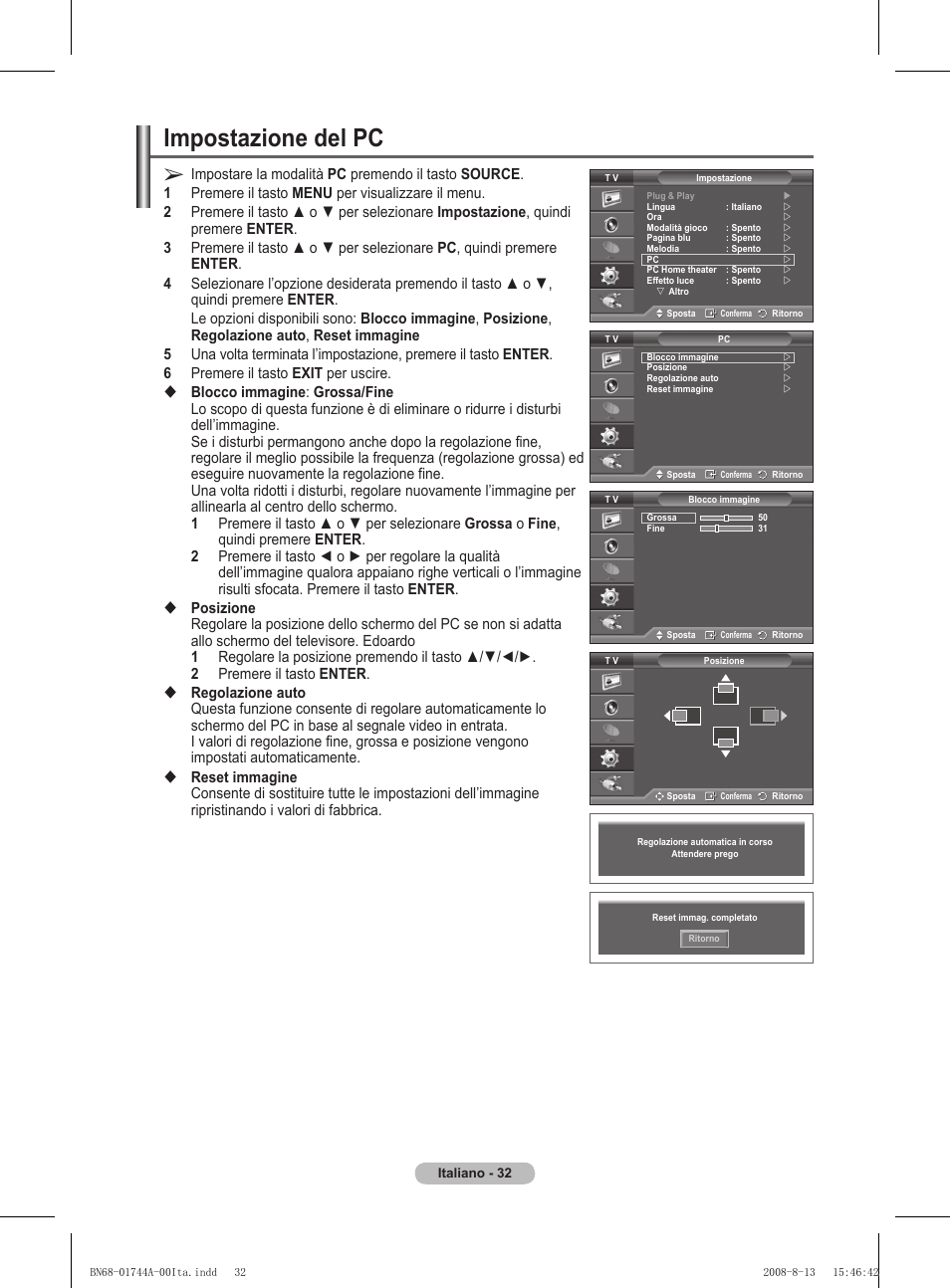 Impostazione del pc | Samsung PS42A411C2 User Manual | Page 221 / 568