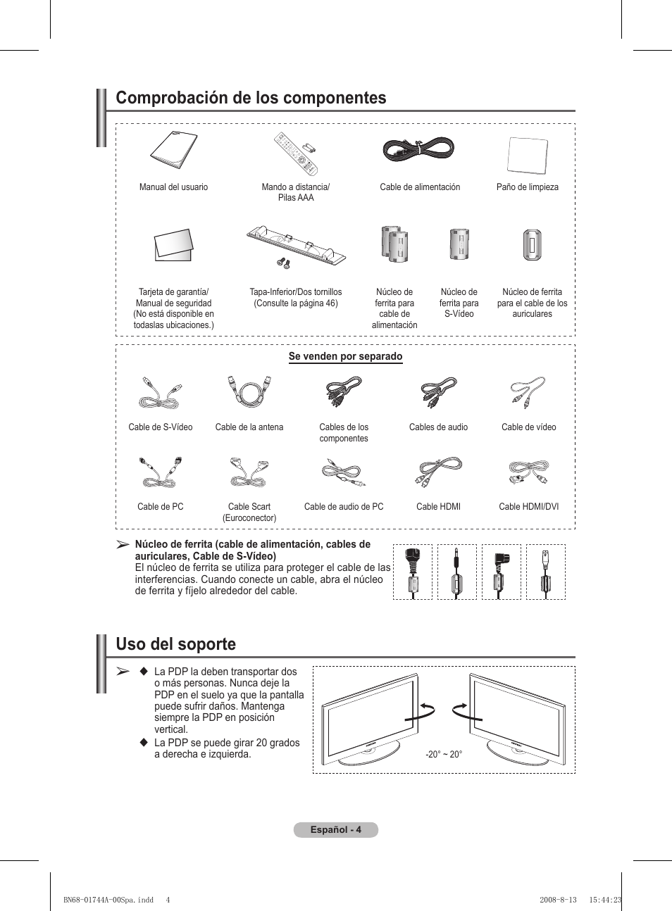 Comprobación de los componentes, Uso del soporte | Samsung PS42A411C2 User Manual | Page 242 / 568