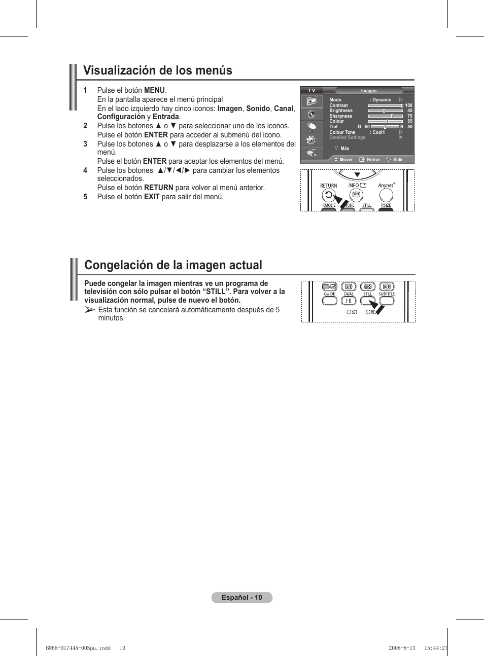 Visualización de los menús, Congelación de la imagen actual | Samsung PS42A411C2 User Manual | Page 248 / 568