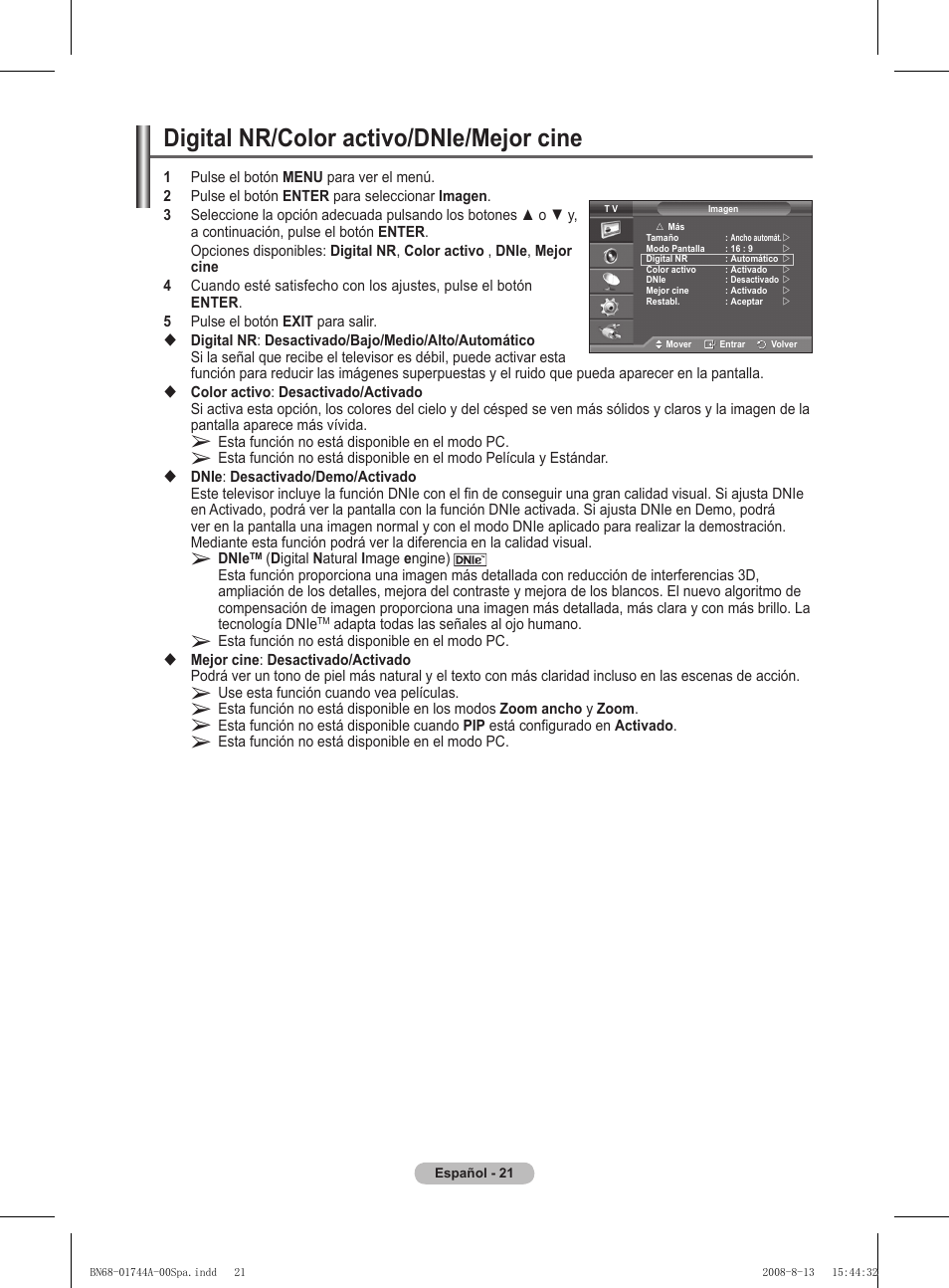 Digital nr/color activo/dnie/mejor cine | Samsung PS42A411C2 User Manual | Page 259 / 568