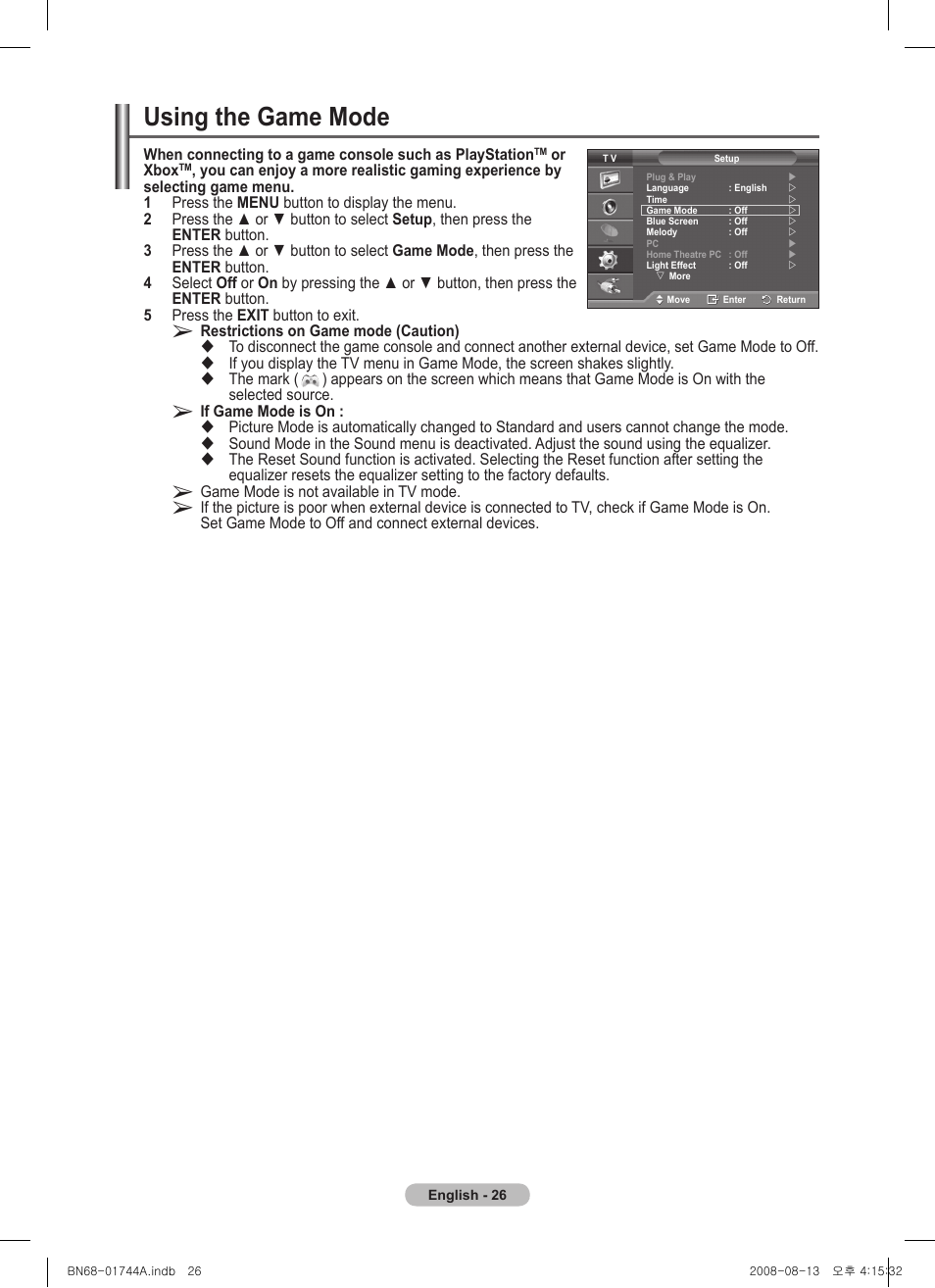 Using the game mode | Samsung PS42A411C2 User Manual | Page 26 / 568