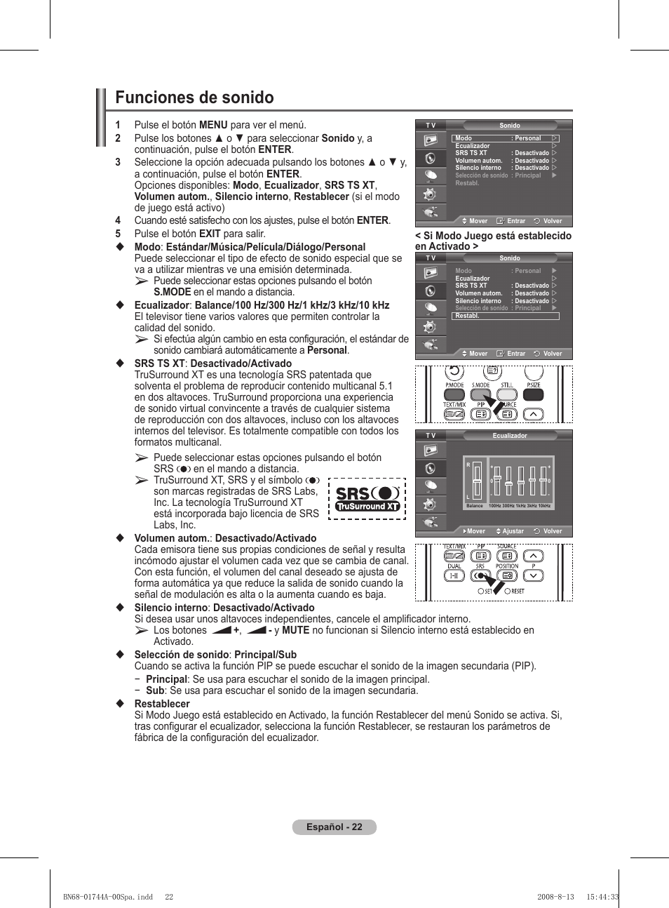 Funciones de sonido | Samsung PS42A411C2 User Manual | Page 260 / 568