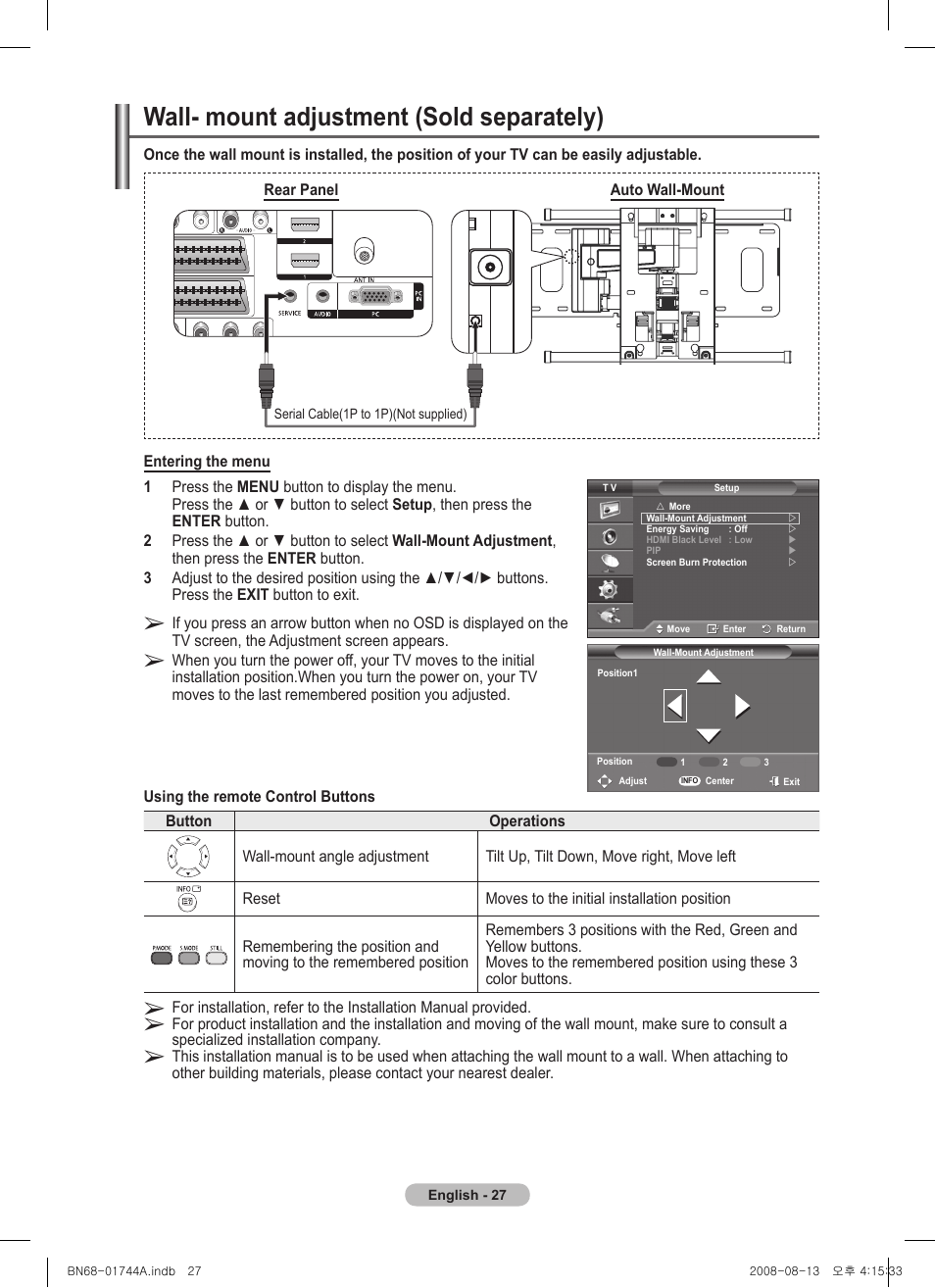 Wall- mount adjustment (sold separately) | Samsung PS42A411C2 User Manual | Page 27 / 568