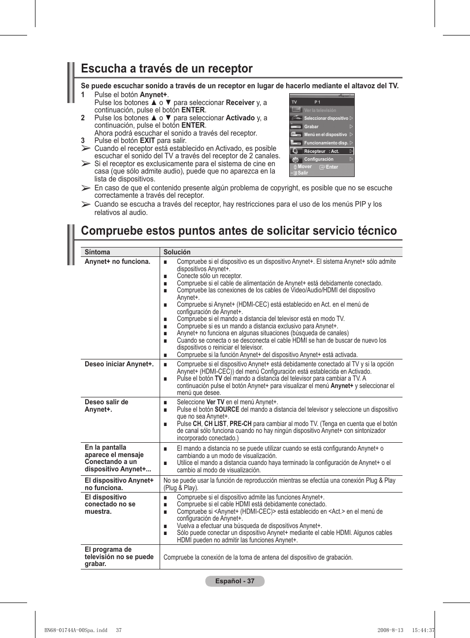 Escucha a través de un receptor | Samsung PS42A411C2 User Manual | Page 275 / 568