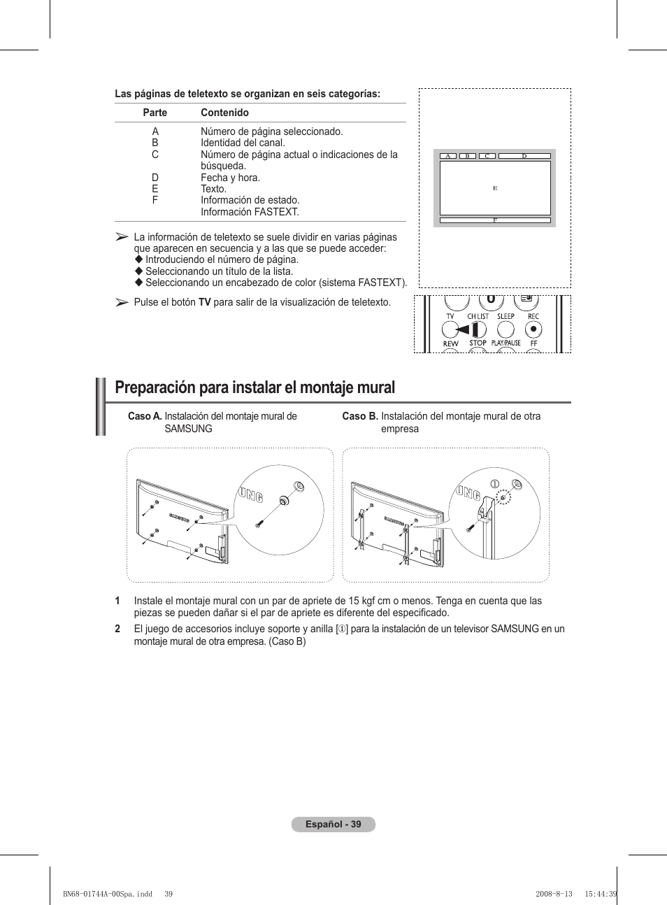 Preparación para instalar el montaje mural | Samsung PS42A411C2 User Manual | Page 277 / 568