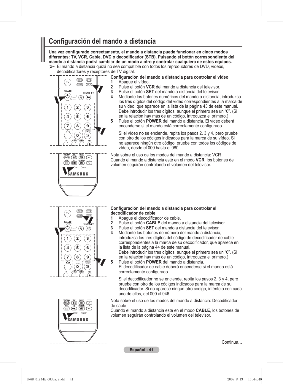 Configuración del mando a distancia | Samsung PS42A411C2 User Manual | Page 279 / 568