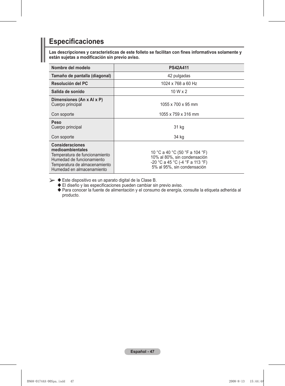 Especificaciones | Samsung PS42A411C2 User Manual | Page 285 / 568