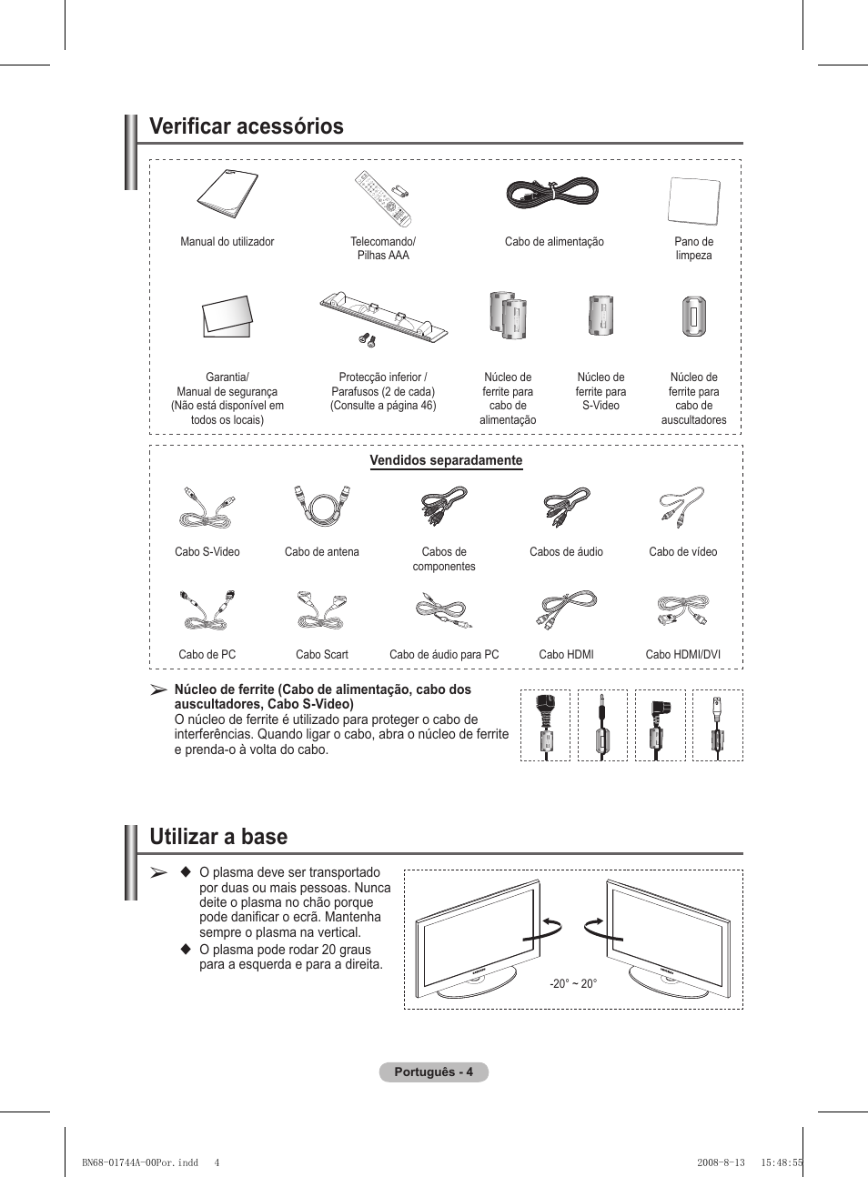 Verificar acessórios, Utilizar a base | Samsung PS42A411C2 User Manual | Page 289 / 568