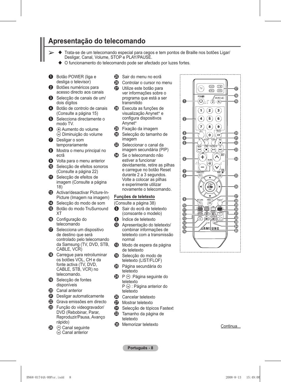 Apresentação do telecomando | Samsung PS42A411C2 User Manual | Page 293 / 568