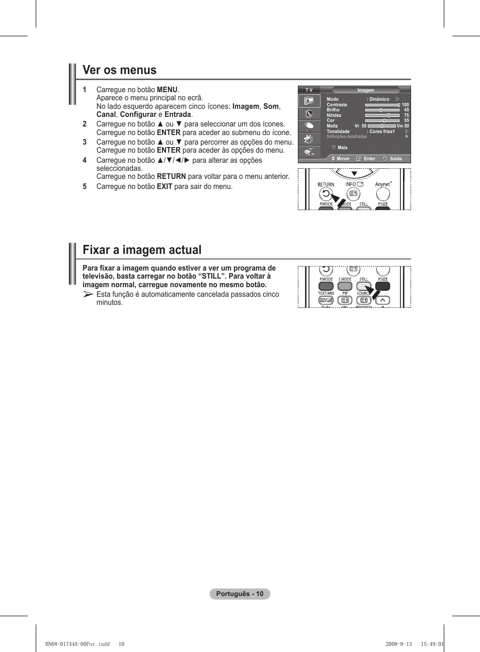 Ver os menus, Fixar a imagem actual | Samsung PS42A411C2 User Manual | Page 295 / 568