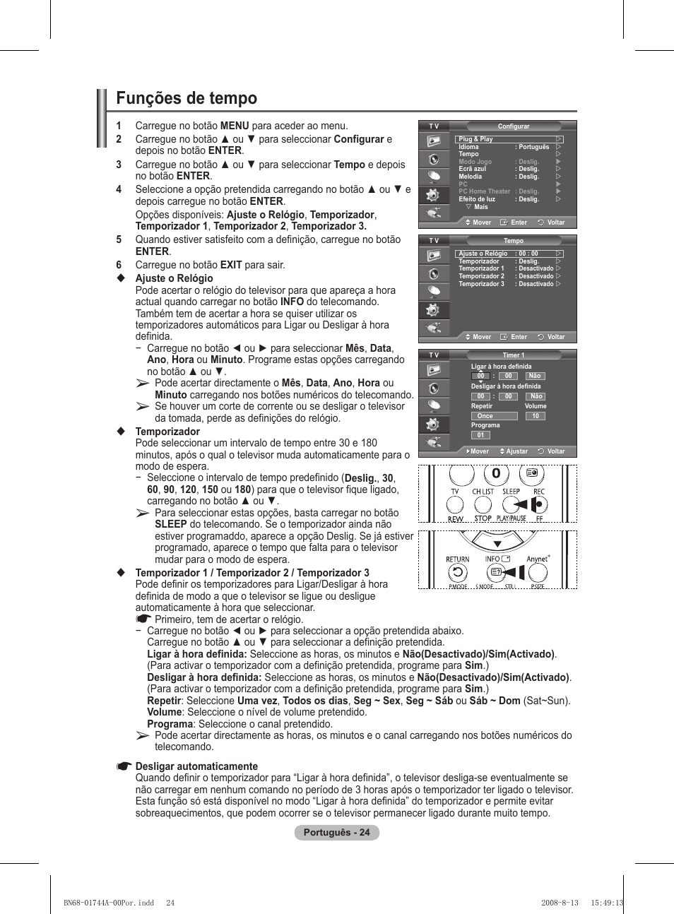 Funções de tempo | Samsung PS42A411C2 User Manual | Page 309 / 568