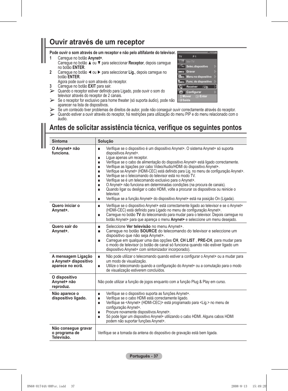 Ouvir através de um receptor | Samsung PS42A411C2 User Manual | Page 322 / 568