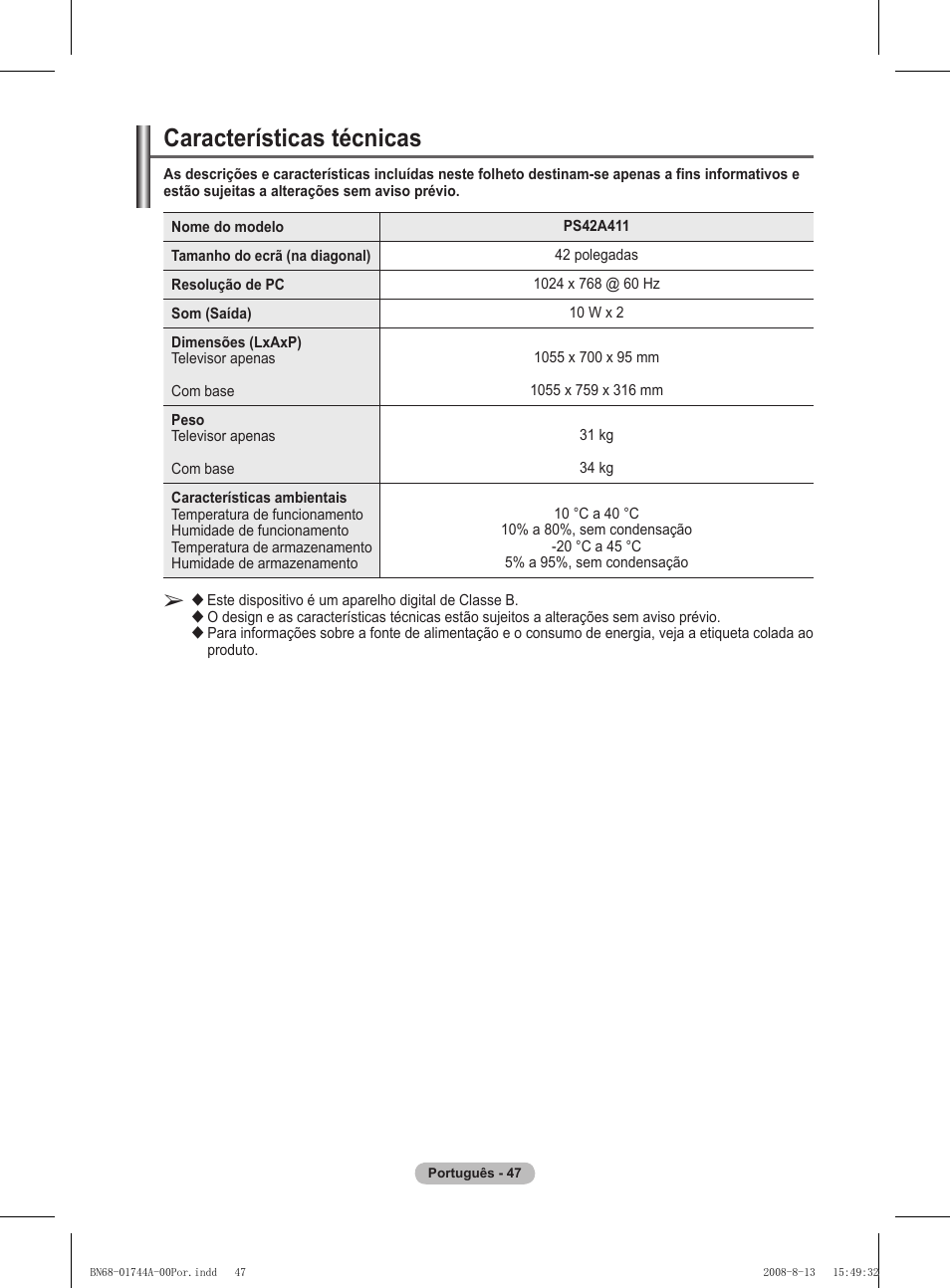 Características técnicas | Samsung PS42A411C2 User Manual | Page 332 / 568