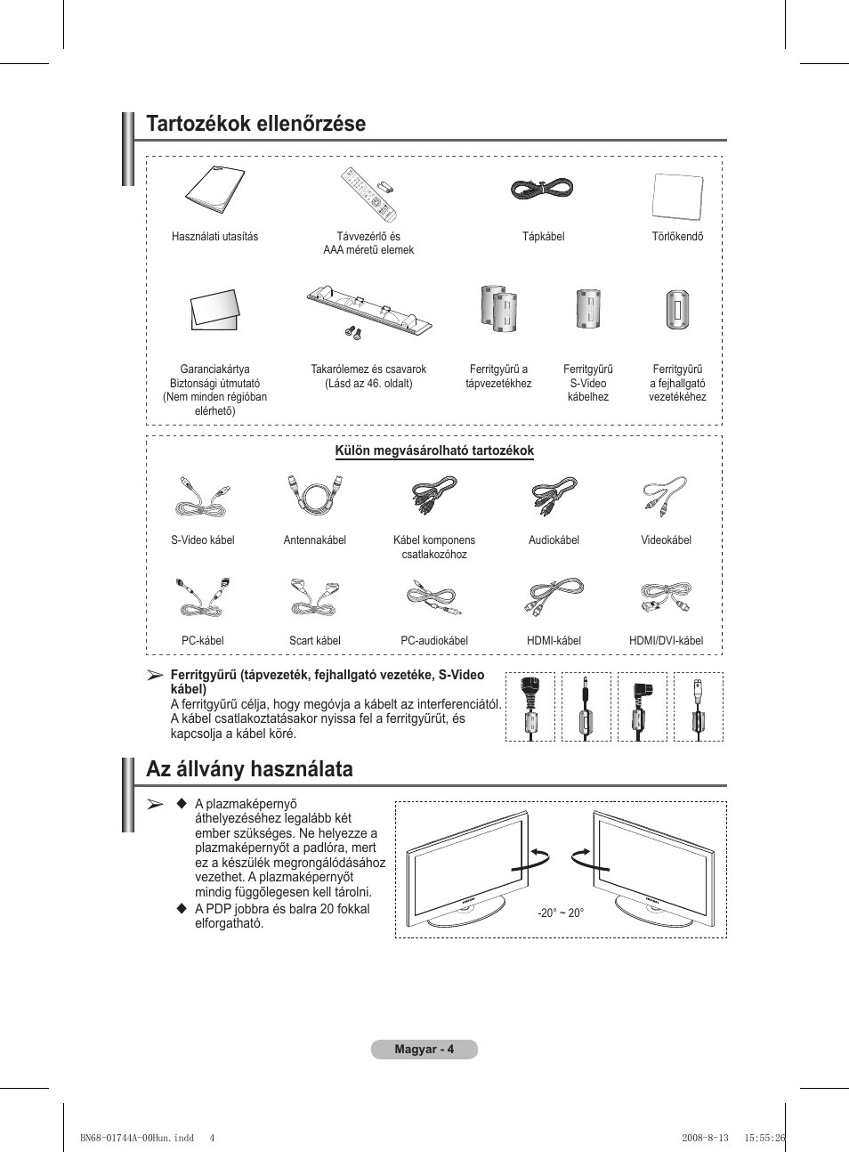 Tartozékok ellenőrzése, Az állvány használata | Samsung PS42A411C2 User Manual | Page 336 / 568