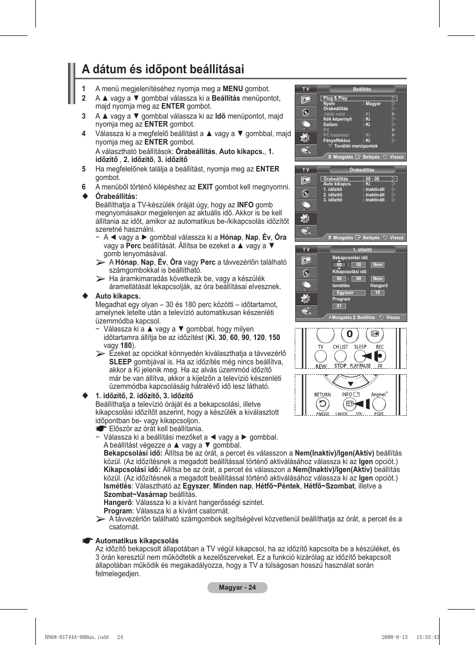 A dátum és időpont beállításai | Samsung PS42A411C2 User Manual | Page 356 / 568