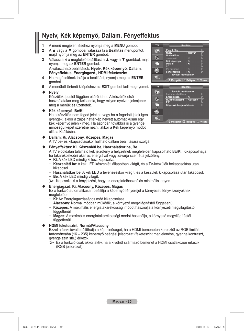 Nyelv, kék képernyő, dallam, fényeffektus | Samsung PS42A411C2 User Manual | Page 357 / 568