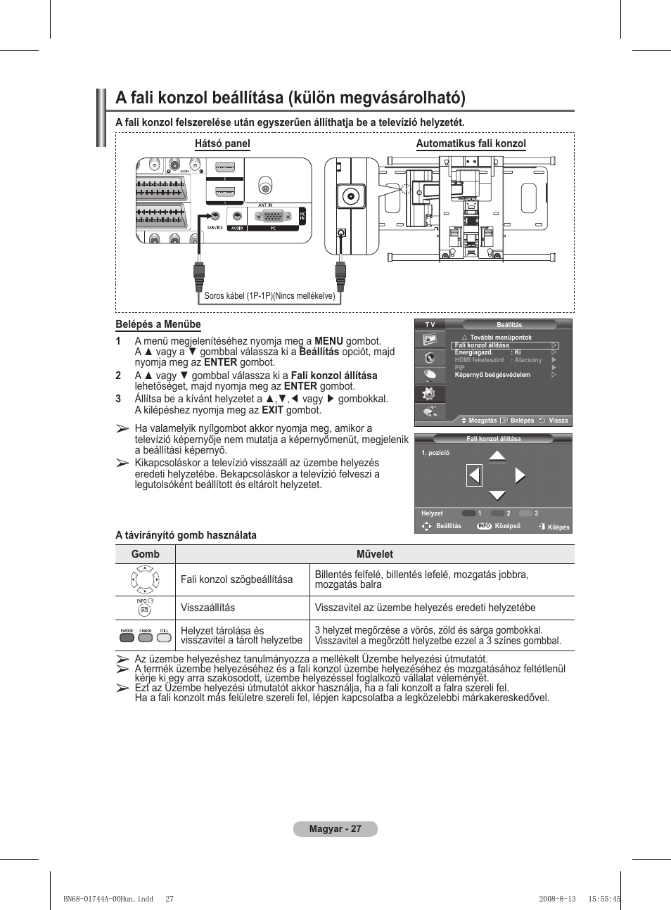 A fali konzol beállítása (külön megvásárolható) | Samsung PS42A411C2 User Manual | Page 359 / 568