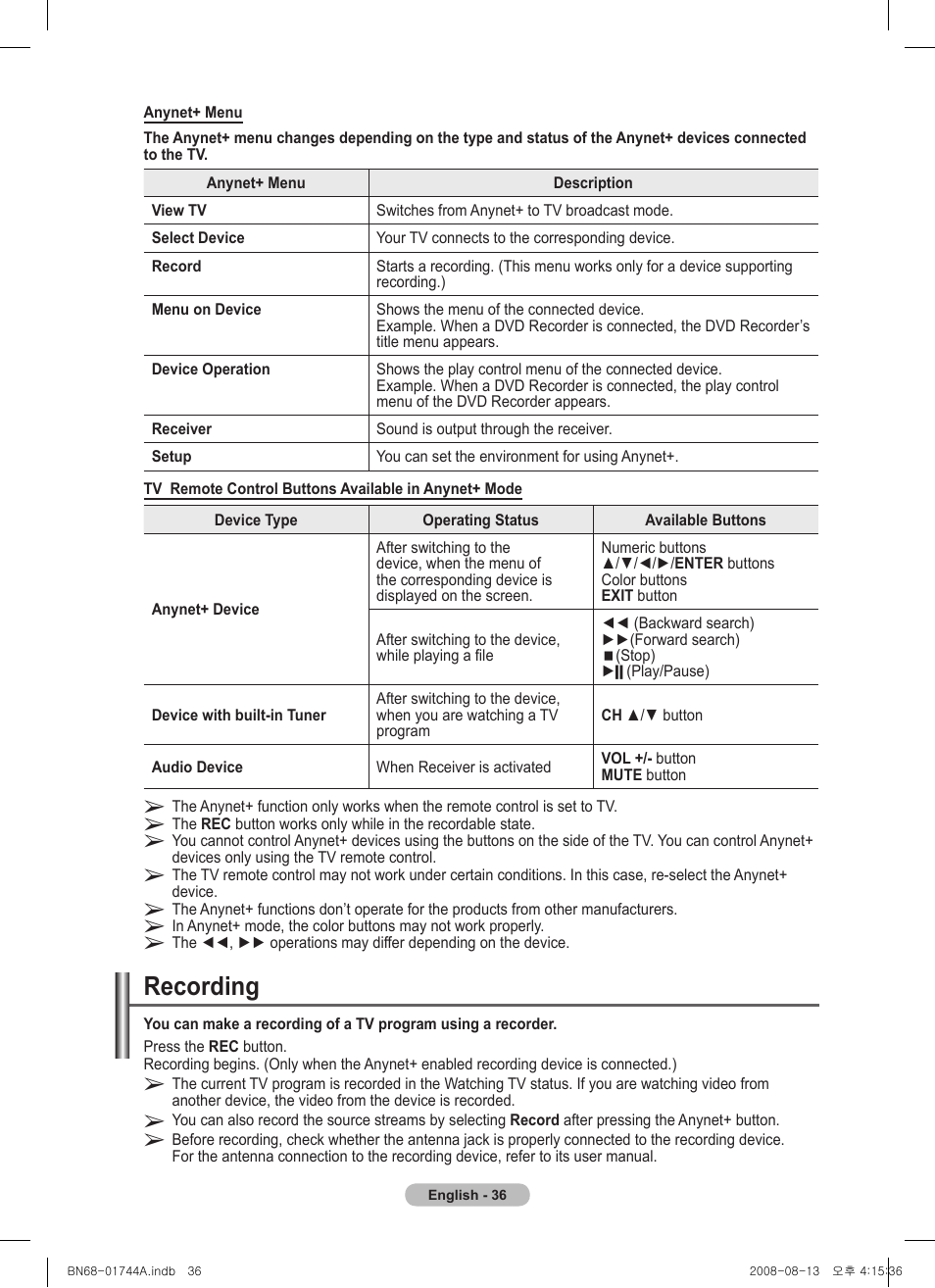 Recording | Samsung PS42A411C2 User Manual | Page 36 / 568