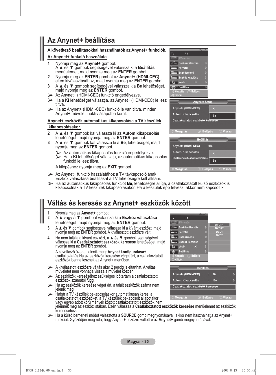 Váltás és keresés az anynet+ eszközök között, Az anynet+ beállítása | Samsung PS42A411C2 User Manual | Page 367 / 568