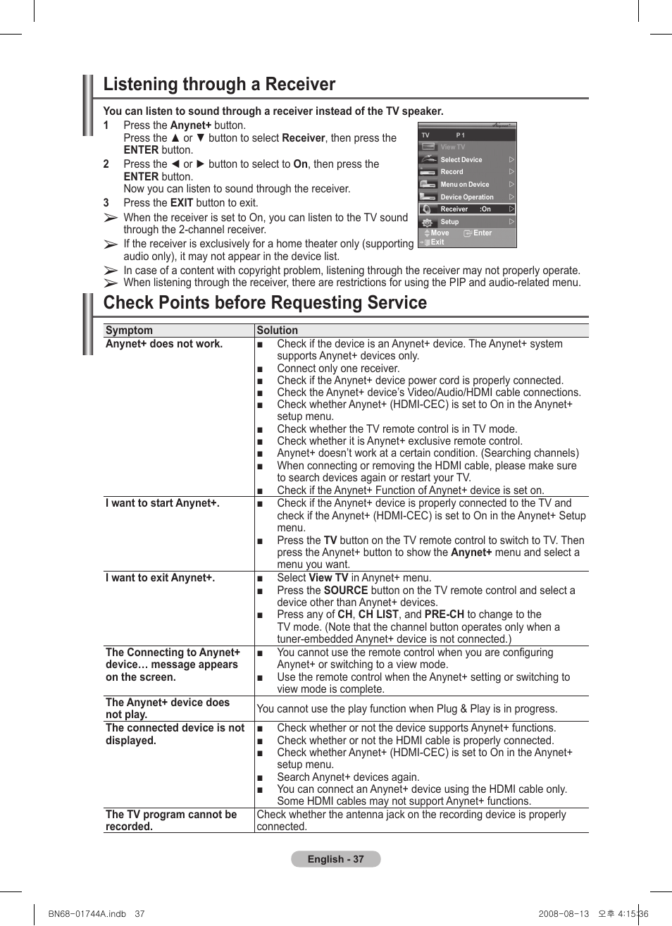 Listening through a receiver, Check points before requesting service | Samsung PS42A411C2 User Manual | Page 37 / 568