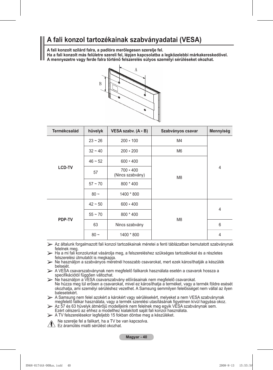 A fali konzol tartozékainak szabványadatai (vesa) | Samsung PS42A411C2 User Manual | Page 372 / 568