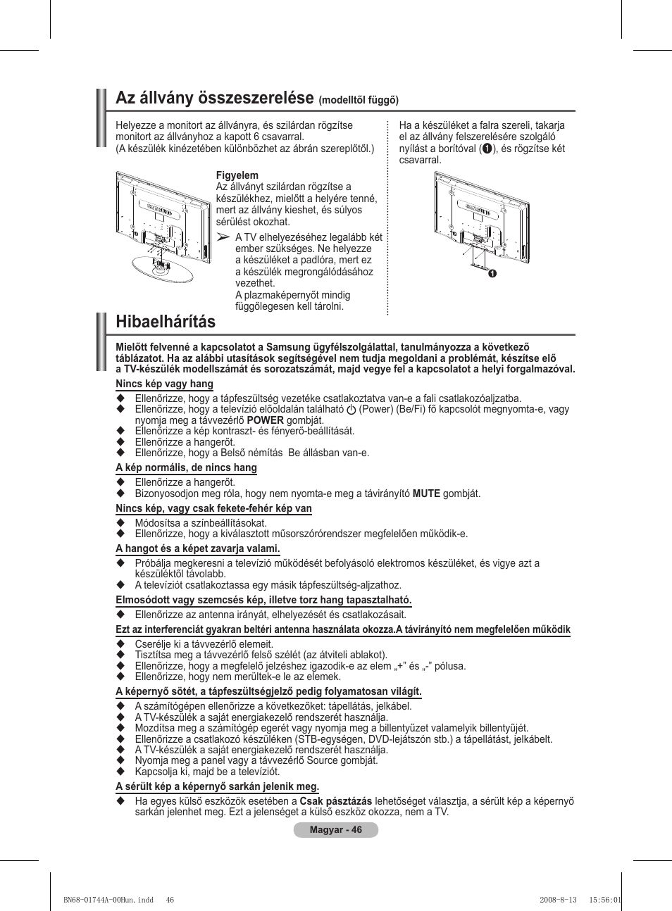 Hibaelhárítás, Az állvány összeszerelése | Samsung PS42A411C2 User Manual | Page 378 / 568